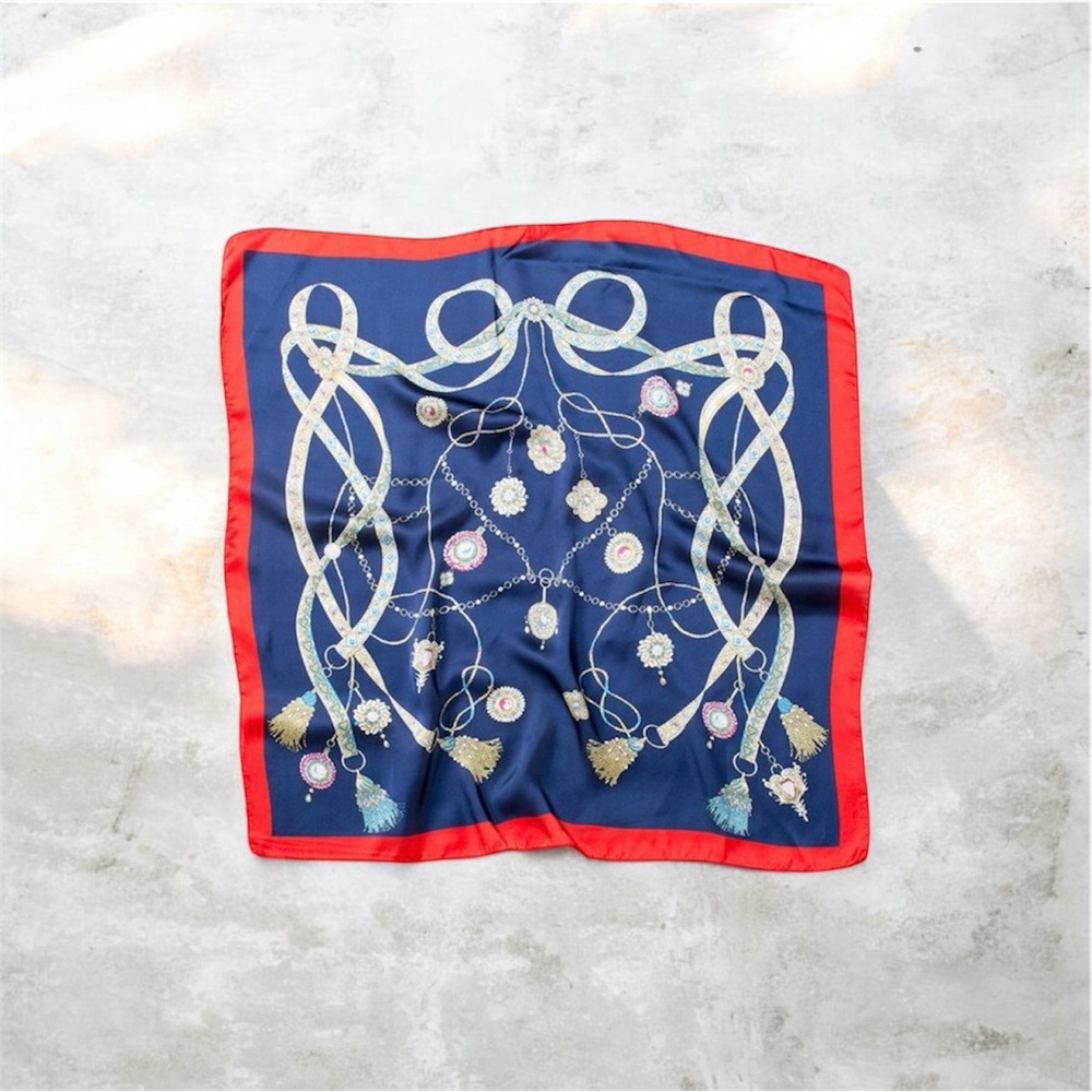 Elegant Navy Silk Scarf with Red Border